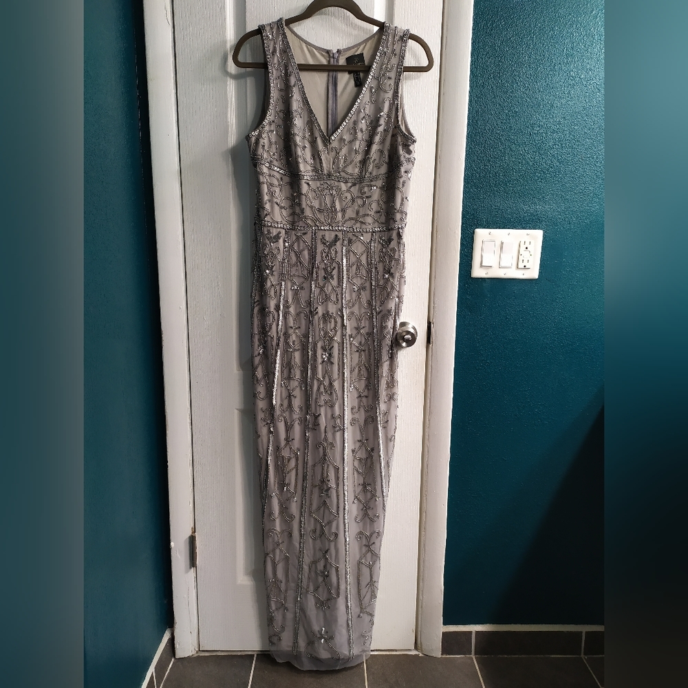 Adrianna Papell Silver Beaded Formal Dress 10 - Picture 2 of 6